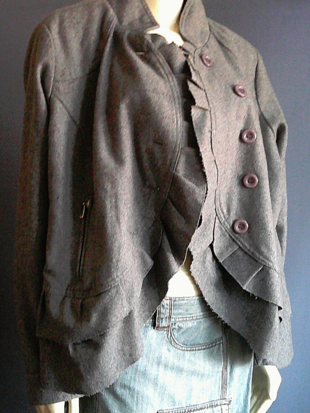 Oleg Cassini Gray Wool Blend Raw Edged Ruffle Wrap Jacket 1X